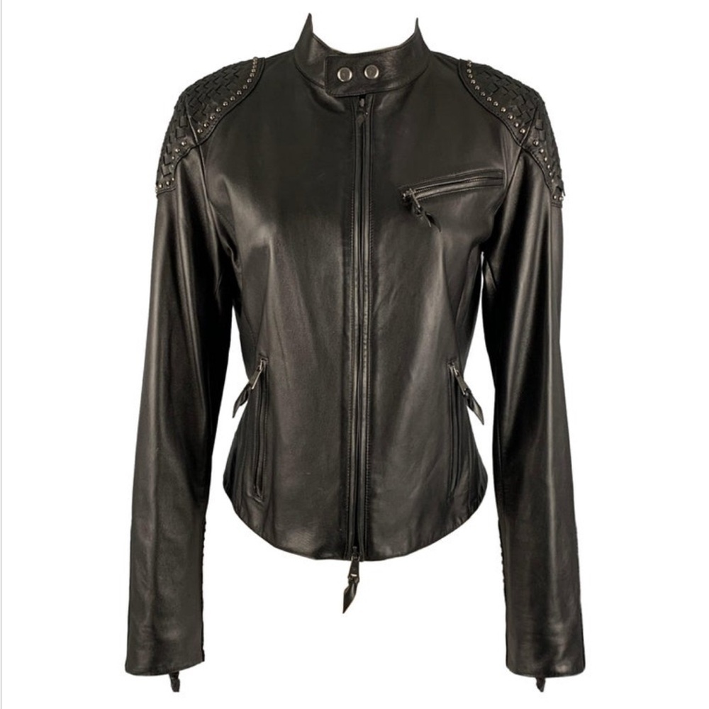 Ralph Lauren Purple Label Black Leather Moto Jacket Studded Woven Italy 6 Biker